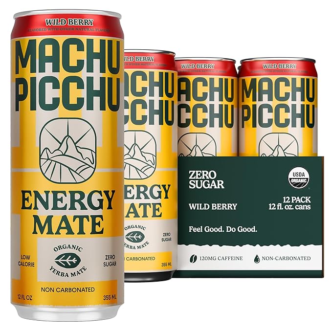 MACHU PICCHU Zero Sugar Energy Mate Drink – Non-Carbonated Yerba Mate, 120mg Organic Caffeine, Smooth Focus Without Jitters or Crash, Low Calorie, USDA Organic, 12oz Cans (12-Pack-“Wild Berry”)