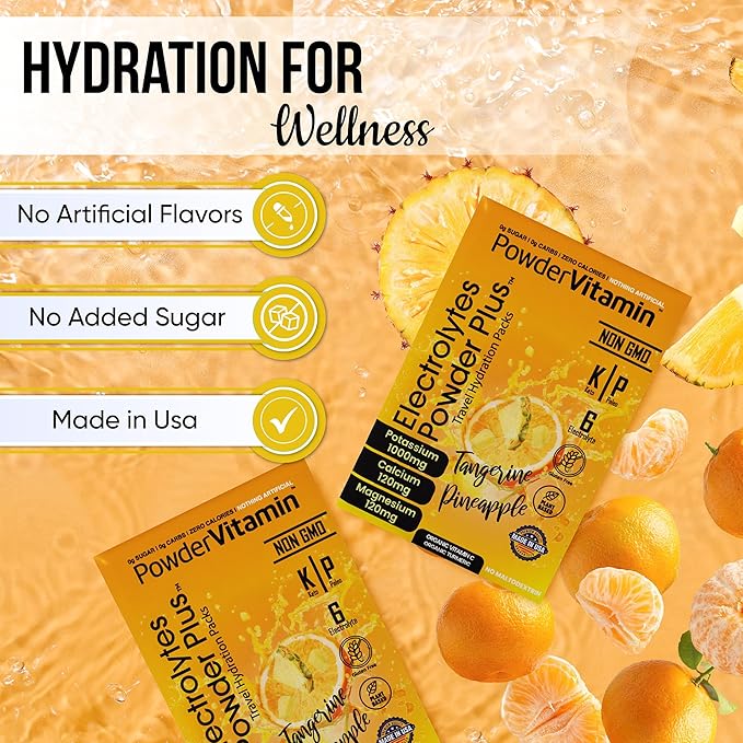 PowerVitamin Electrolytes Powder Packets - Tangerine Pineapple - Keto Electrolytes for Daily Energy - Hydration Powder with 1000mg Potassium, 120mg Magnesium, Zero Calories - 30 Hydration Packets