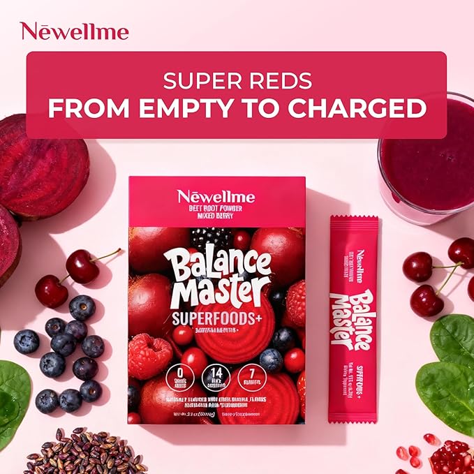 NEWELLME Organic Super Reds Beetroot Powder, Nitric Oxide & Blood Pressure Support, Heart & Circulation, Steady Energy, Sugar Free, Non-GMO, Grape Seed Polyphenols, 28 Sachets, Berry Flavor