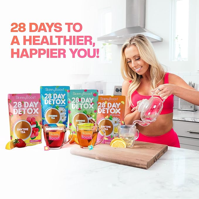 Skinny Boost Detox Tea Kit Slimming Tea for Weight, Metabolism, Energy, Bloating & Colon Cleanse – Green Tea, Herbal, Vegan, Keto, Non-GMO, Sugar-Free-2 PACK –1 Daytime (28 Bags) + 1 Evening -(14 Bags)