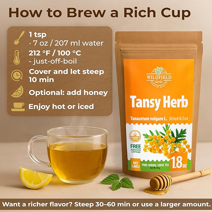 1.8 oz. Pishma Tea Tansy Flowers Herbal Tea (Tanacetum Vulgare L.) - 50g Dried Cut Tansy Flowers Herb