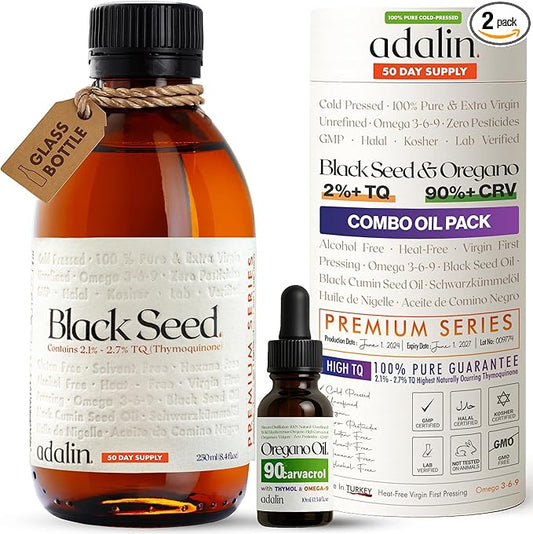 adalin Oil of Oregano with Black Seed Oil | Black Cummin Seed Oil 8.4 fl oz + Oregano Oil 10ml | Nigella Sativa Seed | High Thymoquinone | Cold Pressed | Glass Bottle | Vegan | Gluten Free