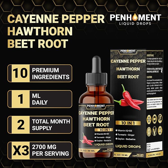 2 Packs - 2700 mg 10in1 Cayenne Pepper Liquid Drops with Hawthorn Berry, Vitamin D3 K2, Beet Root, Ginger Turmeric, Ginger, Ceylon Cinnamon, Berberine, and Ginseng - 2 Months