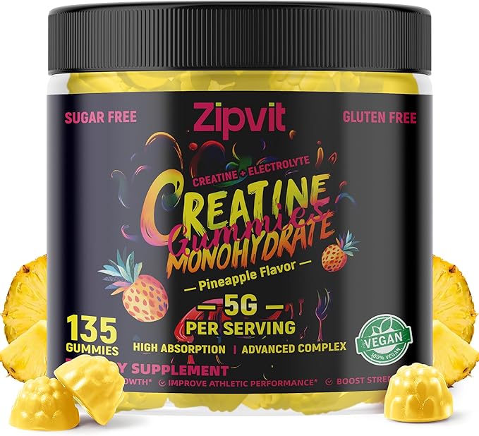 Zipvit Creatine Monohydrate Gummies (5g) – Pre-Workout Energy & Muscle Growth Support for Men & Women | Pineapple Electrolyte Gummies (135 Count)