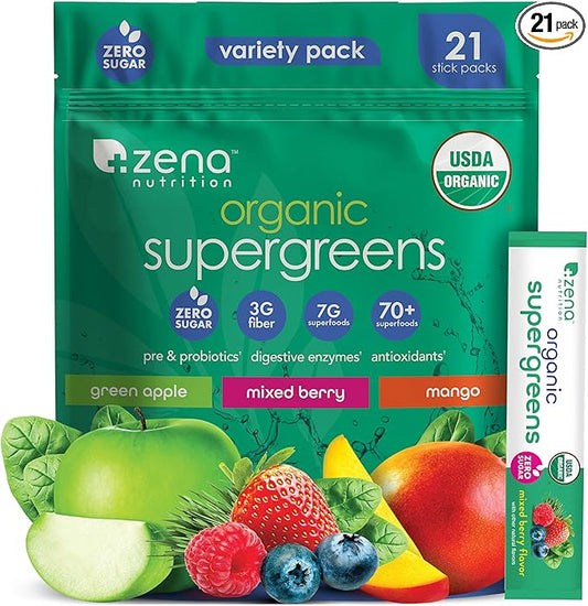 Zena Nutrition Organic Super Greens Powder Variety Pack, 70+ Superfoods, 0 Sugar, 3G Fiber, Spirulina, Chlorella, Antioxidants, Prebiotics/Probiotics, Digestive Enzymes, 21 Drink Mix Packets