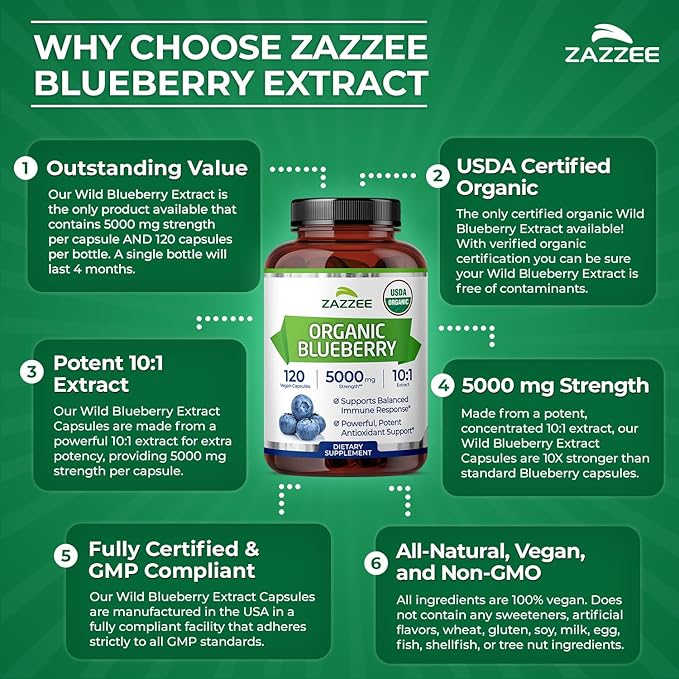 Zazzee USDA Organic Blueberry 10:1 Extract, 5000 mg Strength, 120 Vegan Capsules, 4 Month Supply, Concentrated and Standardized 10X Whole Fruit Extract, 100% Vegetarian, Non-GMO, Made in The USA