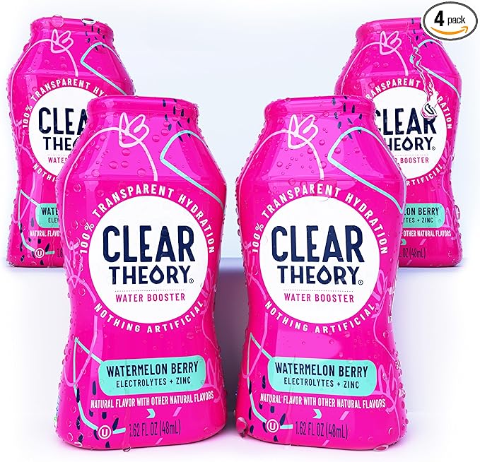 Clear Theory Water Flavoring Drops with Electrolytes, Water Enhancer Liquid Flavored Water Drink Mix, Hydration for Kids, Vegan, Gluten Free, Low Calorie, Watermelon Berry, 4 Pack, 1.62 Fl Oz Bottles