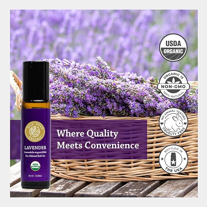 Silk Road Organic Lavender Essential Oil Roll On, USDA Certified, Calming, Relaxation & Sleep - 10 ml Aromatherapy Roller