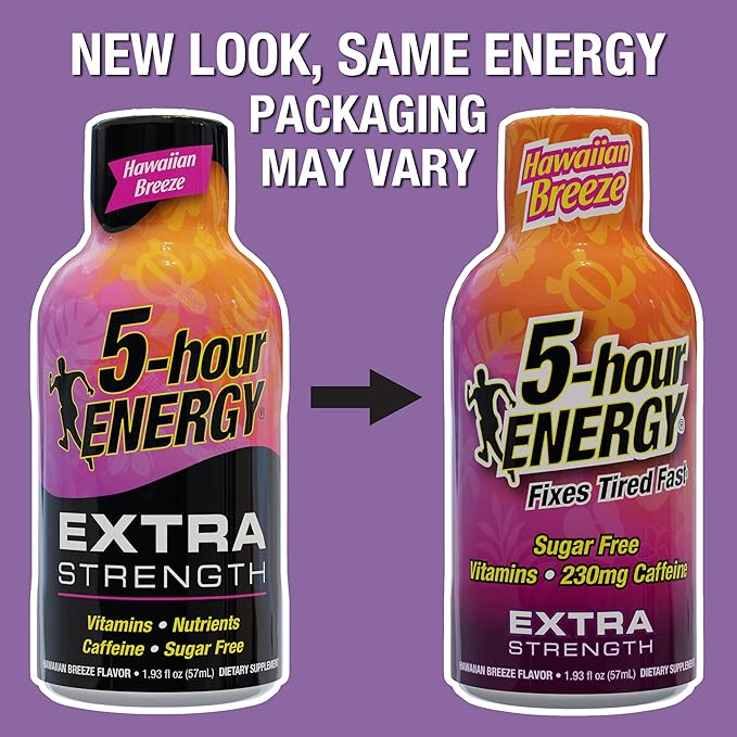 5-hour ENERGY Extra Strength Energy Shot, Hawaiian Breeze Flavor (1.93 oz. - 24 Count) Zero Calories & Sugar-Free 230 mg Caffeinated Energy Shot, Amino Acids & B Vitamins, Dietary Supplements