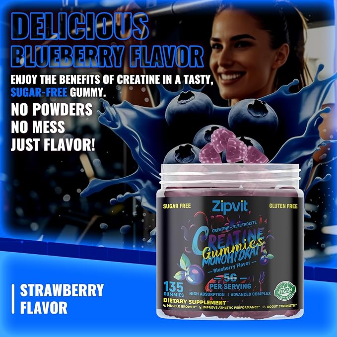 Zipvit Creatine Monohydrate Gummies (5g) – Pre-Workout Energy & Muscle Growth Support for Men & Women | Blueberry Electrolyte Gummies (135 Count)
