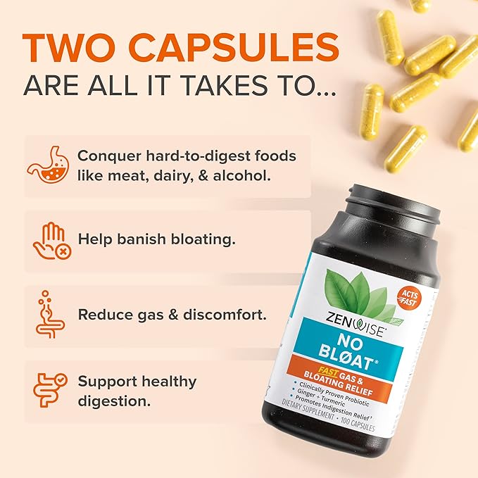 Zenwise Health No Bloat Digestive Enzymes for Gut Health, Gas & Bloating Relief - Multi Enzymes Digestion Supplement with Probiotics, Ginger, Turmeric Dandelion & Lactase - Men & Women - 100 Count
