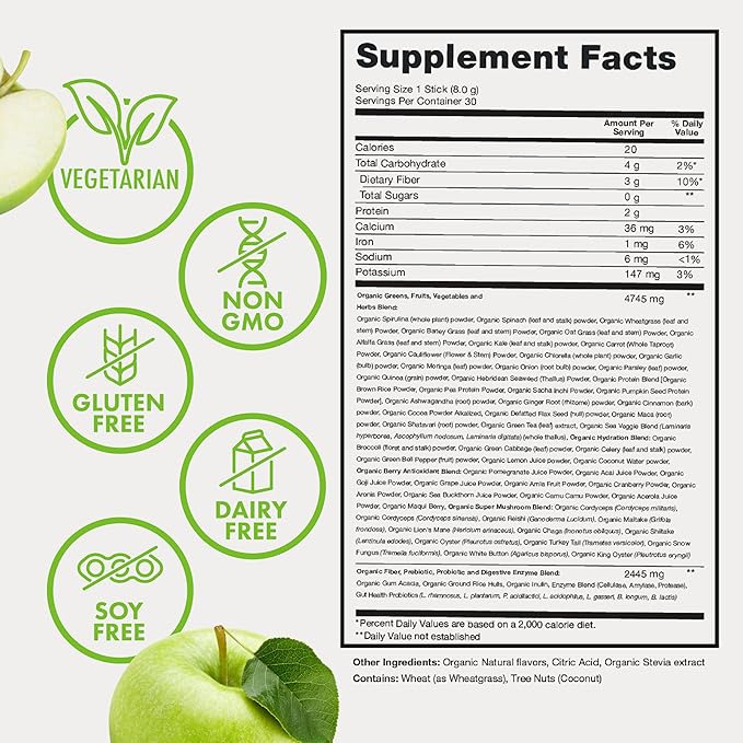 Zena Nutrition Organic Super Greens Powder, 70+ Superfoods, 0 Sugar, 3g Fiber, Spirulina, Chlorella, Mushrooms, Prebiotics/Probiotics, Digestive Enzymes, Gut Health, Green Apple, 30 Drink Mix Packets