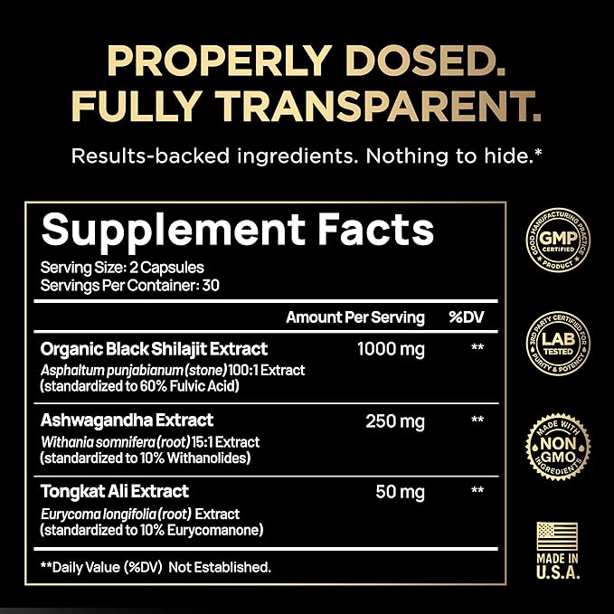 103,800mg Black Shilajit for Men 100x Strength w. Ashwagandha & Tongkat Ali 10% Extract - Ultra Pure Himalayan Shilajit Capsules 60% Fulvic Acid - Energy, Stamina & Performance Mens Health Supplement