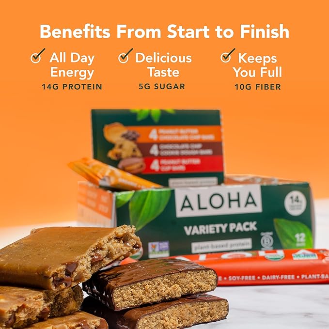 ALOHA Organic Plant Based Protein Bars - 3 Flavor Variety Pack - 12 Count, 1.98oz Bars - Vegan Snacks, Low Sugar, Gluten-Free, Low Carb, Paleo, Non-GMO, Stevia-Free, No Sugar Alcohol Sweeteners
