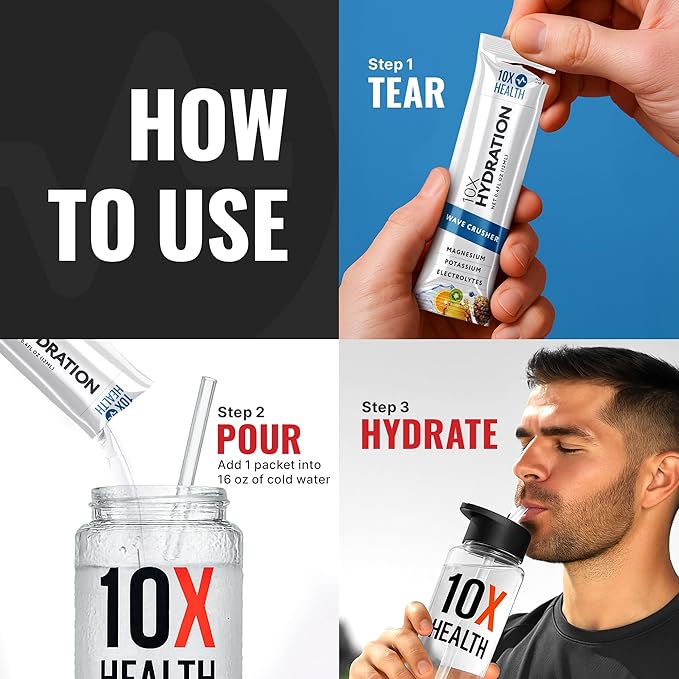 10X Health Electrolyte Drink Mix - Hydration Packets - Sodium, Magnesium, Potassium Citrate & Electrolytes Packets - Naturally Flavored, Dye-Free & Sugar-Free Hydration Packs - 15 Sticks, Wave Crusher