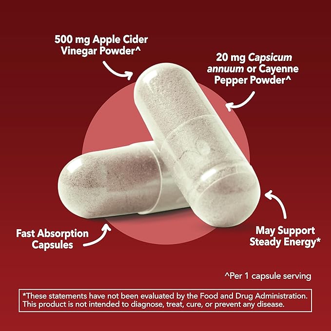 Apple Cider Vinegar Capsules with Cayenne Pepper for Digestive Health Support - 500mg ACV and 20mg Capsicum Annuum - Easy-to-Take, Unflavored Pills - 120 Count - Vegan, Non-GMO - 4 Month Supply
