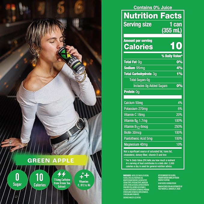 Yesly Energy Drink, Green Apple, Naturally Flavored Sparkling Energy Drink With Electrolytes, Magnesium, Potassium, Vitamin C, B6 & B12, Natural Caffeine From Green Tea, 12 Fl Oz Cans, 12 Pack