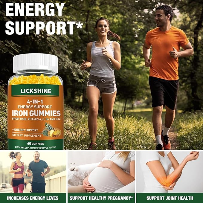 2 Pack Vegan 100MG Iron Supplement Gummies for Women & Men - with Vitamin C, A, B for Adults & Kids - Energy Support for Iron Deficiency, Anemia - Pineapple Flavor (120 Ct)