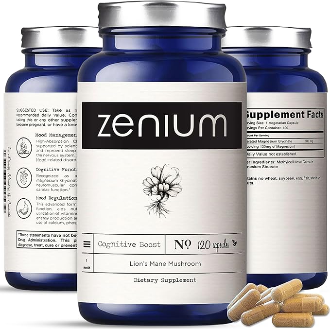 Zenium Lion's Mane Mushroom Cognition 1000mgs per Serving | 120 Capsules | Brain Focus Supplement | Powder Extract | Calm Mind & Body | Ayurvedic | Relieve Tension, Worry, Nervousness, Irritability