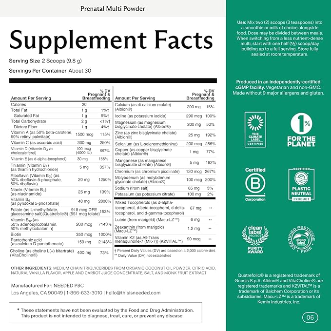 Needed. Vanilla Multivitamin Powder with Choline for Prenatal, Pregnancy, Breastfeeding, Postpartum | Expertly-Formulated & Third-Party Tested | 30-Day Supply
