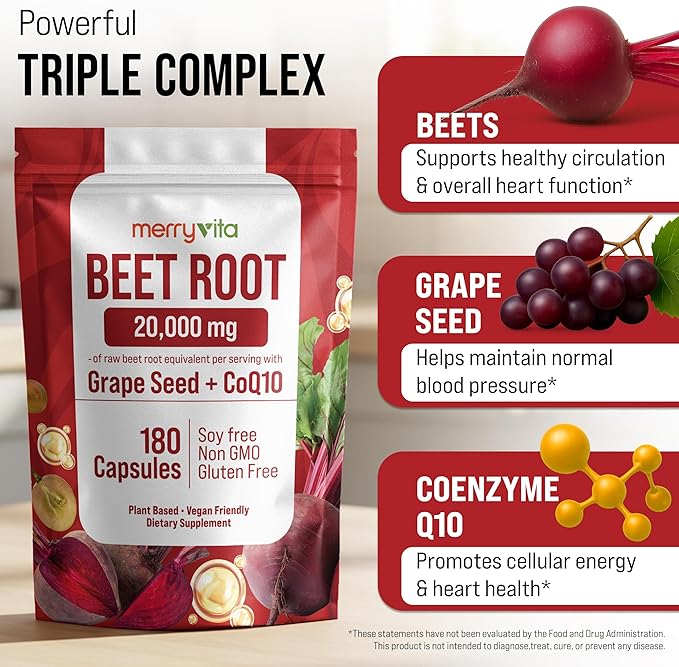 Beet Root Capsules with Grape Seed & CoQ10 - Blood Pressure Support Supplement - Nitric Oxide Booster - Super Beets Supplement for Heart, Energy, Circulation - 180 Vegan Capsules, Non GMO