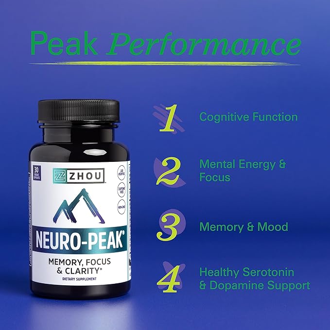 Zhou Neuro-Peak - Brain Supplements for Memory and Focus, Nootropic for Men & Women, Brain Support Pill for Adults, Brain Vitamins - 30 Veggie Capsules (Pack of 1)