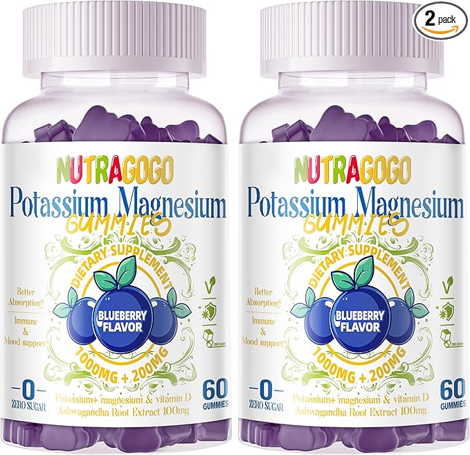 Potassium Magnesium Gummies,Potassium Supplement w/Ashwagandha,High Absorption Magnesium Glycinate,B6,D3,Potassium Citrate for Leg Cramps,Muscle,Electroyte for Adults Kids,Sugar-Free, 120 Gummies