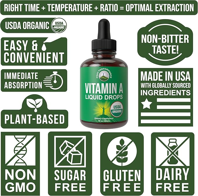 USDA Organic Vitamin A Liquid Drops Supplement. Vegan High Bioavailability for Eye, Skin, and Bone Health. for Adults, Men, Women, Kids. Organic VIT A Oil Retinyl Palmitate. Gluten Free, Zero Sugar