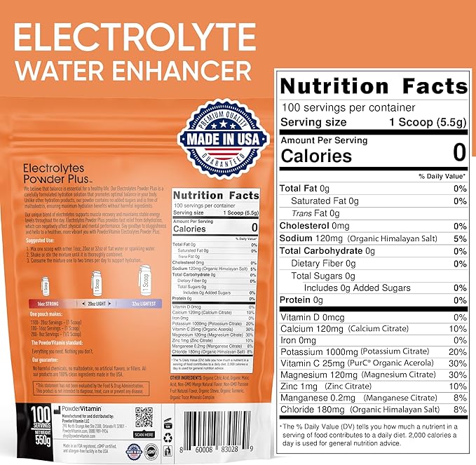 PowderVitamin Electrolytes Powder Plus (100 Servings) Mango Passionfruit Electrolyte Powder Zero Calorie Keto,0Sugar, No Maltodextrin,1000mg Potassium,120mg Calcium,120mg Magnesium, Hydration Powder