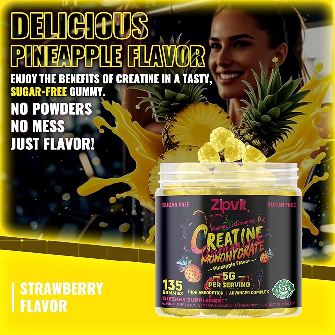 Zipvit Creatine Monohydrate Gummies (5g) – Pre-Workout Energy & Muscle Growth Support for Men & Women | Pineapple Electrolyte Gummies (135 Count)