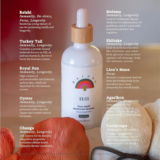 11:11 Multi Mushroom Tincture - 11-in-1 Dual Extract Mushroom Blend - Comprehensive Immune Support, Brain Support, Liquid Lion's Mane & Turkey Tail, Vegan, Non GMO, 3.4 fl oz
