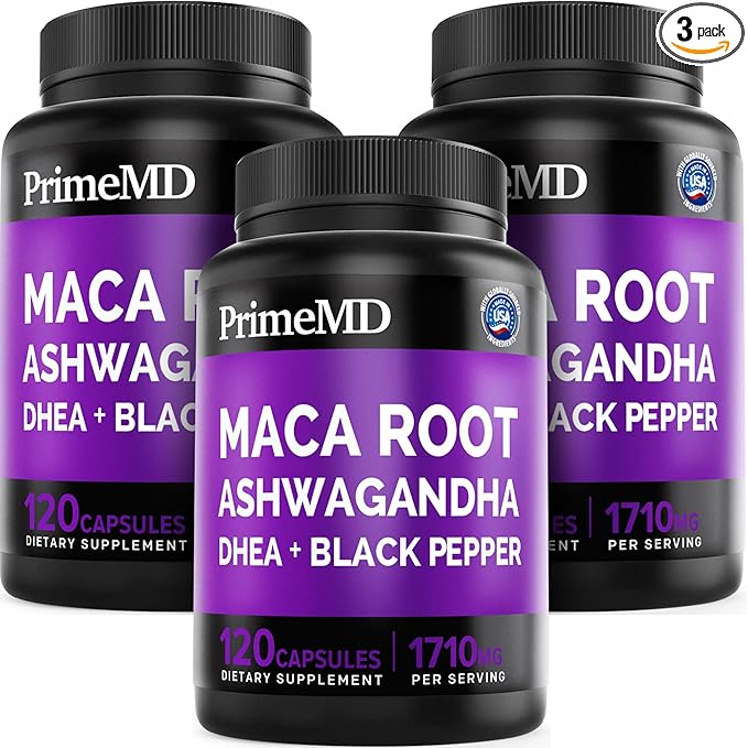 6-in-1 Organic Maca Root Ashwagandha Capsules 1710mg with DHEA and Black Pepper Fruit Extract for Women and Men - Black Maca Supplement for Stamina, Bone and Mood Support Supplement, 120ct (Pack of 3)