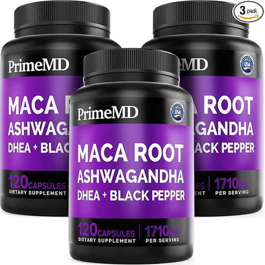 6-in-1 Organic Maca Root Ashwagandha Capsules 1710mg with DHEA and Black Pepper Fruit Extract for Women and Men - Black Maca Supplement for Stamina, Bone and Mood Support Supplement, 120ct (Pack of 3)