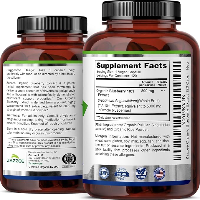 Zazzee USDA Organic Blueberry 10:1 Extract, 5000 mg Strength, 120 Vegan Capsules, 4 Month Supply, Concentrated and Standardized 10X Whole Fruit Extract, 100% Vegetarian, Non-GMO, Made in The USA