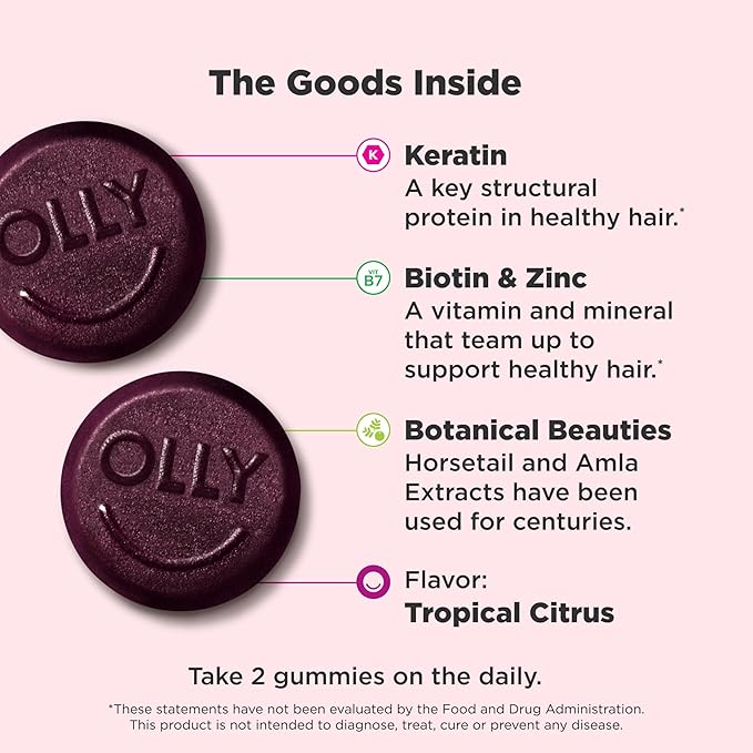 OLLY Heavenly Hair Gummy, Supports Healthy Hair, Keratin, Biotin, AMLA, Chewable Supplement, 30 Day Supply - 60 Count