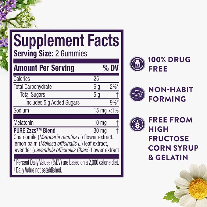 ZzzQuil Pure Zzzs Advanced Melatonin Gummies, Sleep Aid with Chamomile & Lavender for Adults Berry Flavored, 100 Count