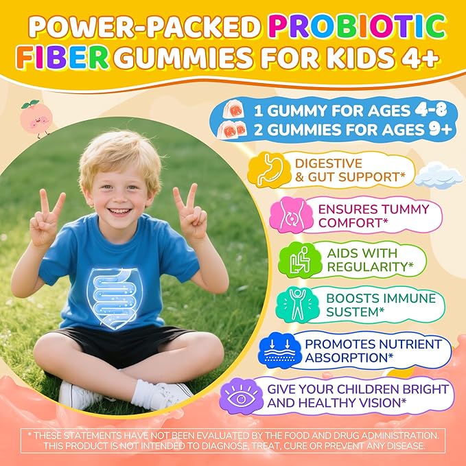 2Pack Probiotics for Kids Teen + Veggie & Fruit Fiber Gummies, with 12 Billion CFU Probiotic, Organic Inulin Prebiotics Fiber, Methyl B12 B6 C for Children's Digestive & Gut, Immune Health, Sugar Free