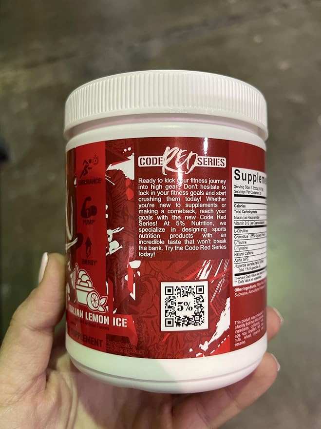 5% Nutrition Code Red Series Pre Workout Powder for Men & Women | Energy, Power, Protein Synthesis & Focus | 300mg Caffeine, L-Citrulline, Glycerol, Taurine, Alpha GPC, Huperzine (Italian Lemon Ice)