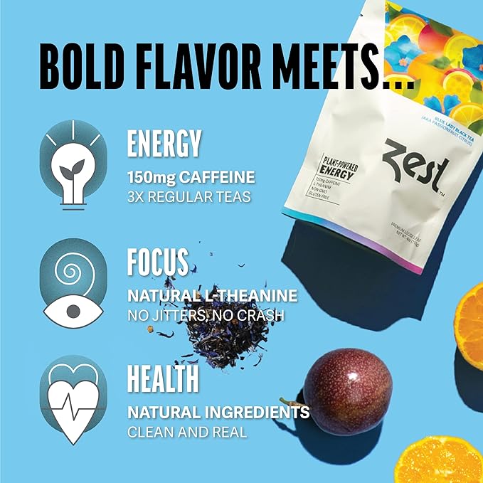 Zest 150mg High Caffeine Energy Loose Leaf Blend - Blue Lady Black Tea - 4 Oz - Hot or Iced - All Natural Strong Flavored Healthy Coffee Alternative Highly Caffeinated Substitute - Perfect for Keto