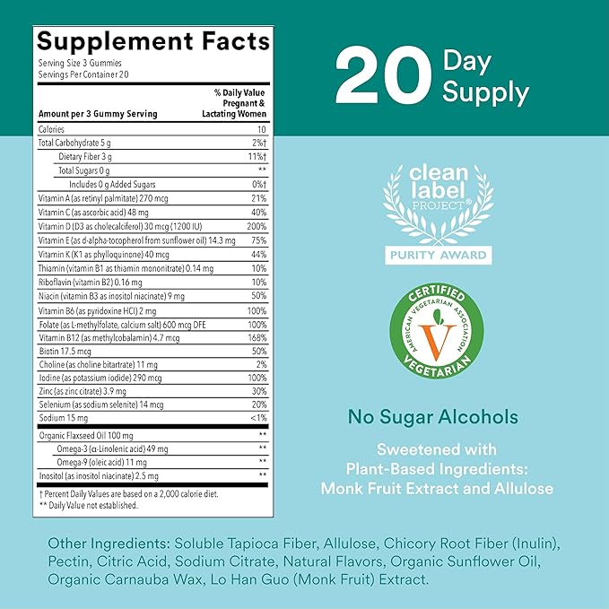 SmartyPants Prenatal Vitamins for Women, Sugar Free Multivitamin Gummies: Methylfolate, Omega 3 (ALA) Vitamin D3, C, Vitamin B12, B6, A, K & Zinc, Inositol, Erythritol Free, 60 Count (20 Day Supply)