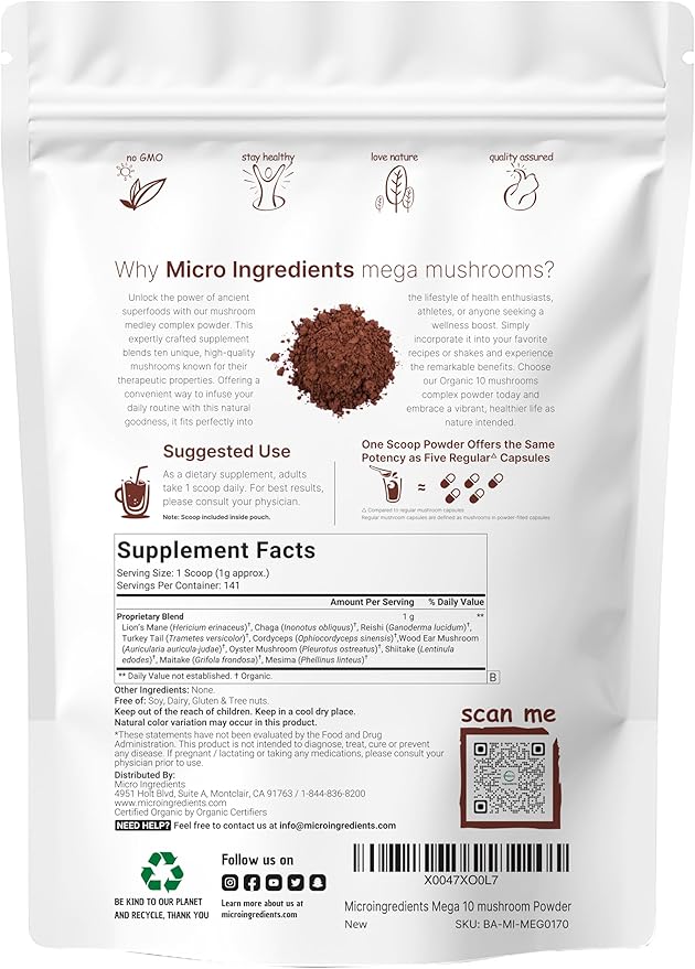 Micro Ingredients Organic Mushroom 10-in-1 Blend, 5 oz | Chaga, Lion’s Mane, Cordyceps & More | Supports Immune & Brain Function | Great for Smoothies & Daily Use | Non-GMO, Vegan Friendly