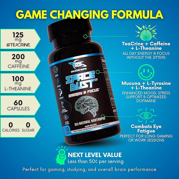 8-in-1 Premium Nootropic Brain Supplement – Focus, Energy & Mood Support – Brain Fog Relief & Reaction Time – with TeaCrine, L-Theanine, L-Tyrosine, Mucuna & More Natural Ingredients – Space Dust