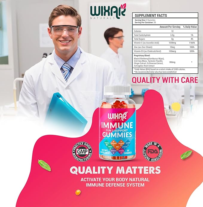 9 in 1 Immune Support Gummies with Elderberry, Vitamin C&D, Zinc, Turmeric, Ginger, Echinacea, Astragalus & Sea Moss for Immunity Supplement - 60 Gummies