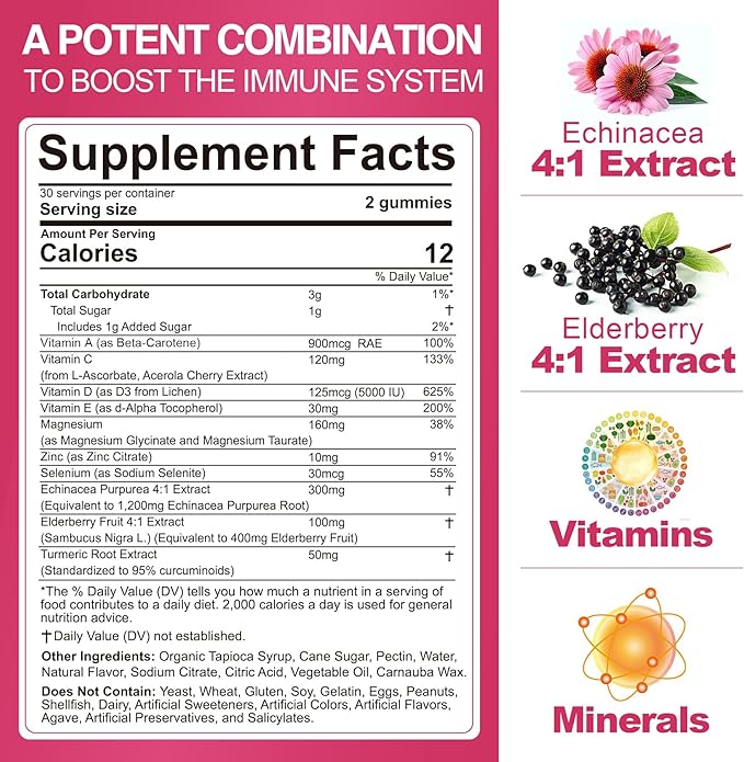 10 in 1 Immune Support Supplement Gummies, w/Echinacea, Elderberry Vitamin C and Zinc, Selenium, Vitamin D3 5000IU, Magnesium, Daily Immune Booster Multivitamin, for Antioxidant Bone Energy, 1 Pack