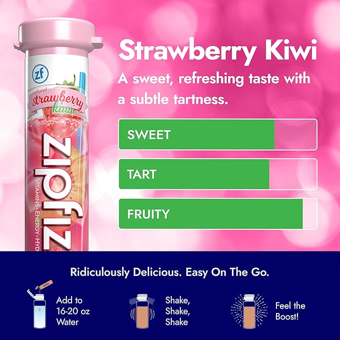 Zipfizz Daily Energy Drink Powder, Strawberry Kiwi, 20 Pack | 3-in-1 Sustained Energy, Rapid Hydration, and Essential Vitamins | Sugar-Free | Electrolyte Powder | Contains Vitamin B-12 & Antioxidants