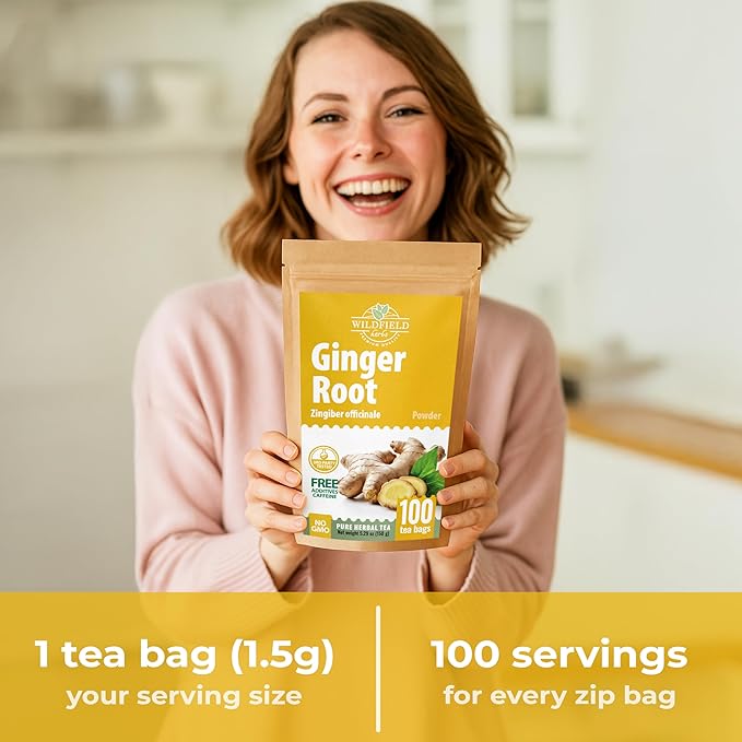 100 Bags Ginger Tea Ginger Root Tea Dry Dried Herb (Zingiber Officinale) - 100 Count 1.5g Bags Raíz De Jengibre
