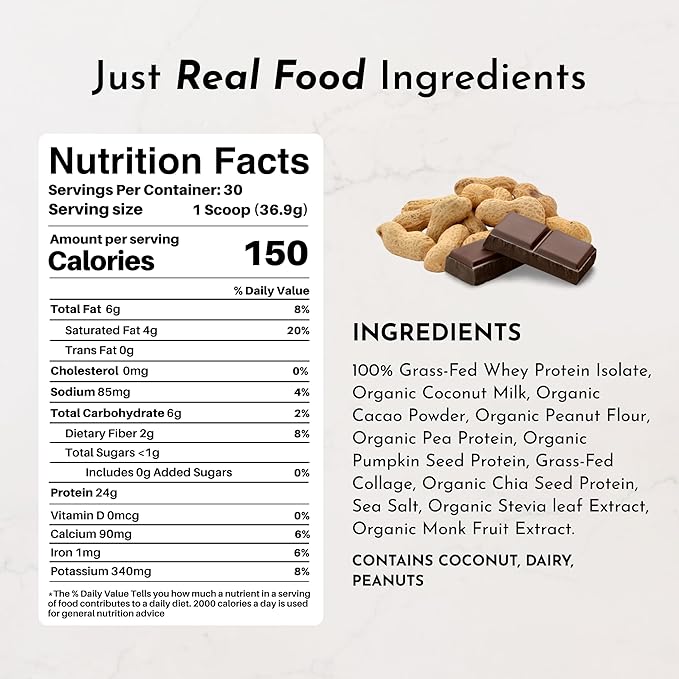 JUST INGREDIENTS Creamy Peanut Butter Chocolate Protein Powder – 30-ServingBlend with Grass-Fed Whey, Pea, Pumpkin Seed, Chia & Collagen – No Sugar Added – No Gums 24g Protein