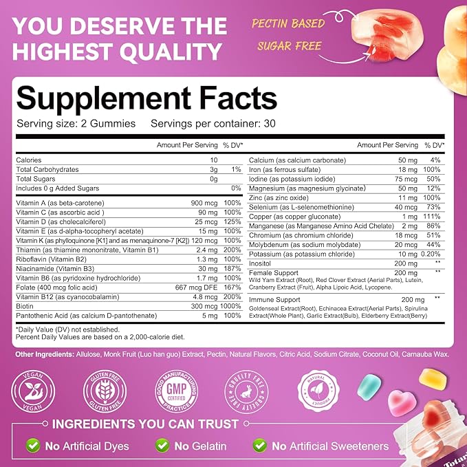 (2 Pcs) Sugar Free Womens Multivitamin Gummies with Iron, Women's Multivitamin w/Vitamins C, D3 K2, B12, B6, Filled Gummies for Daily Nutritional Support| Immune Support| Skin Health, Mixed Flavors