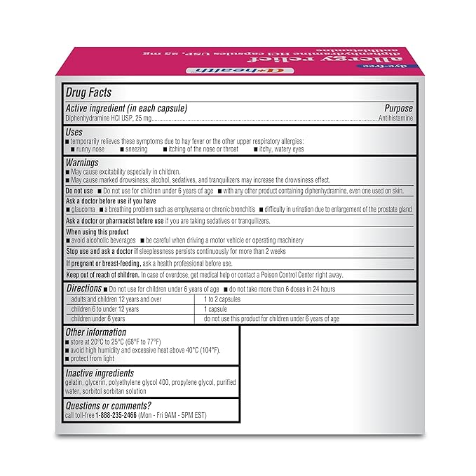 A+Health Allergy Relief Dye-Free Diphenhydramine 25mg Softgels, for Relief of Allergy Symptoms Like Runny Nose, Sneezing, Itch of The Nose or Throat, Itchy, Watery Eyes, 48 Count