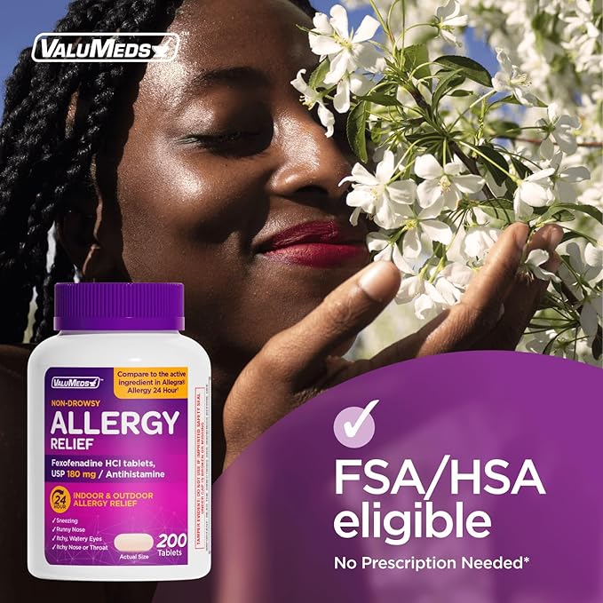ValuMeds 24-Hour Allergy Relief Fexofenadine Hydrochloride 180mg | Non-Drowsy Antihistamine Generic Medicine for Allergies, Hay Fever, Itchy Eyes for Kids, Adults | Compare to Allegra (200-Count)